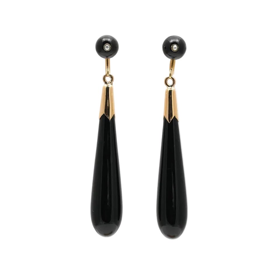 Boucles d'oreilles Pendantes en or jaune, onyx et perles - Castafiore