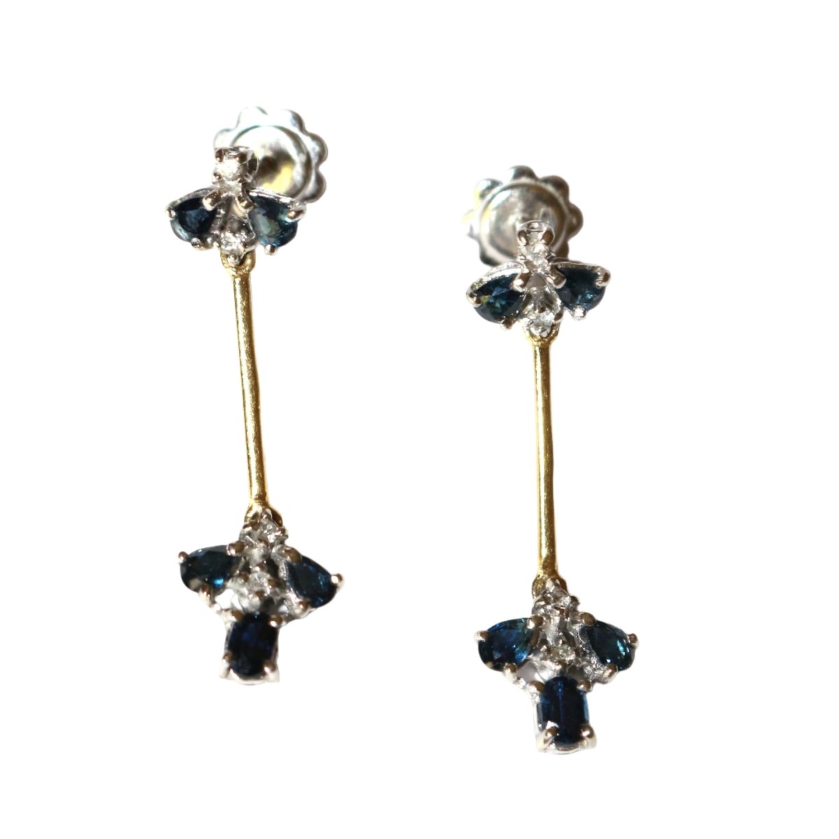 Boucles d'oreilles pendantes en or jaune, or blanc et saphir - Castafiore