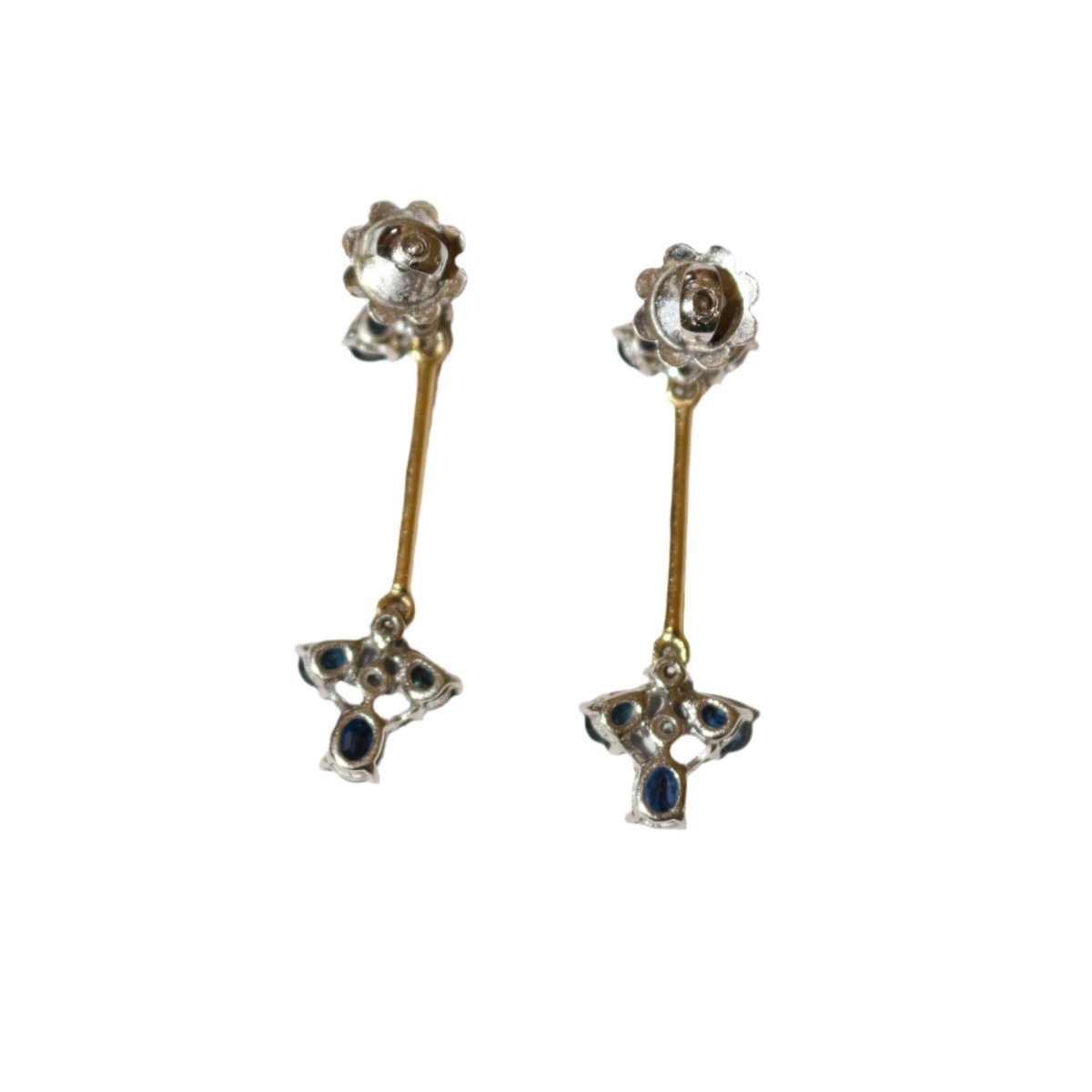 Boucles d'oreilles pendantes en or jaune, or blanc et saphir - Castafiore