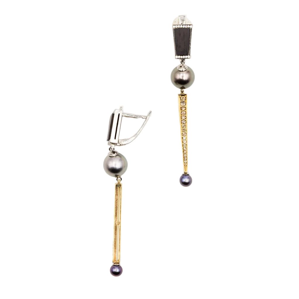 Boucles d'oreilles Pendantes en or jaune, or blanc, perles, essences boisées et diamants - Castafiore