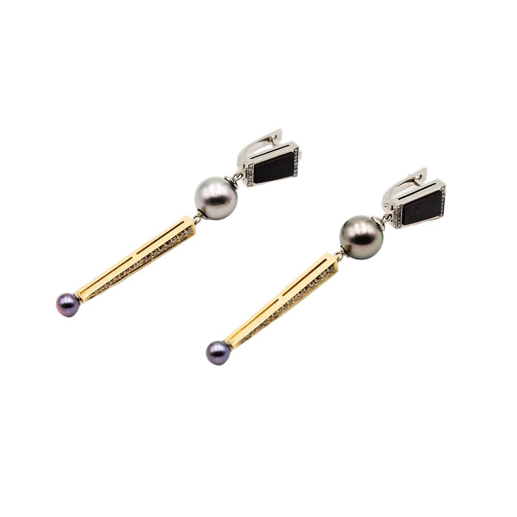 Boucles d'oreilles Pendantes en or jaune, or blanc, perles, essences boisées et diamants - Castafiore