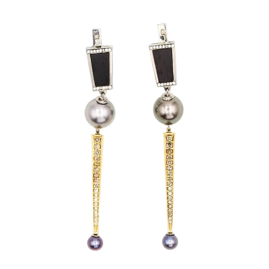 Boucles d'oreilles Pendantes en or jaune, or blanc, perles, essences boisées et diamants - Castafiore