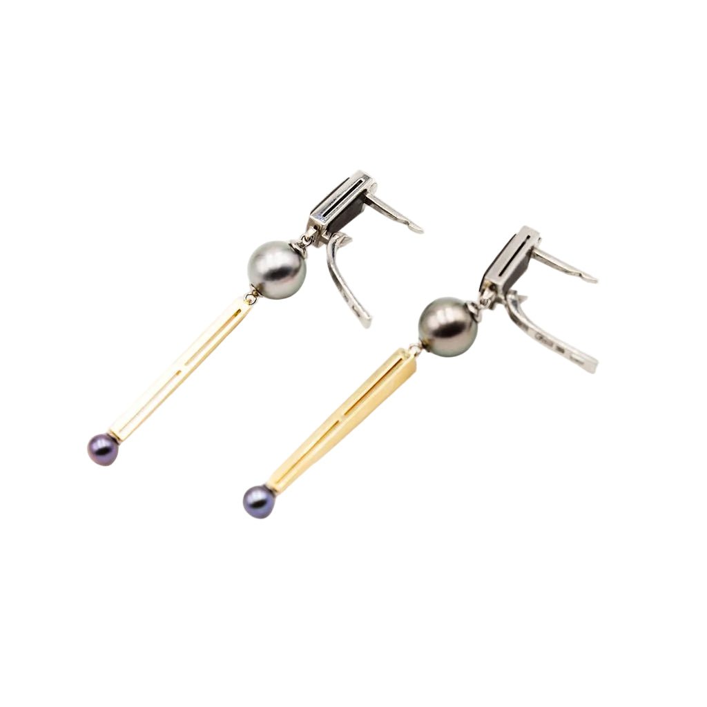 Boucles d'oreilles Pendantes en or jaune, or blanc, perles, essences boisées et diamants - Castafiore