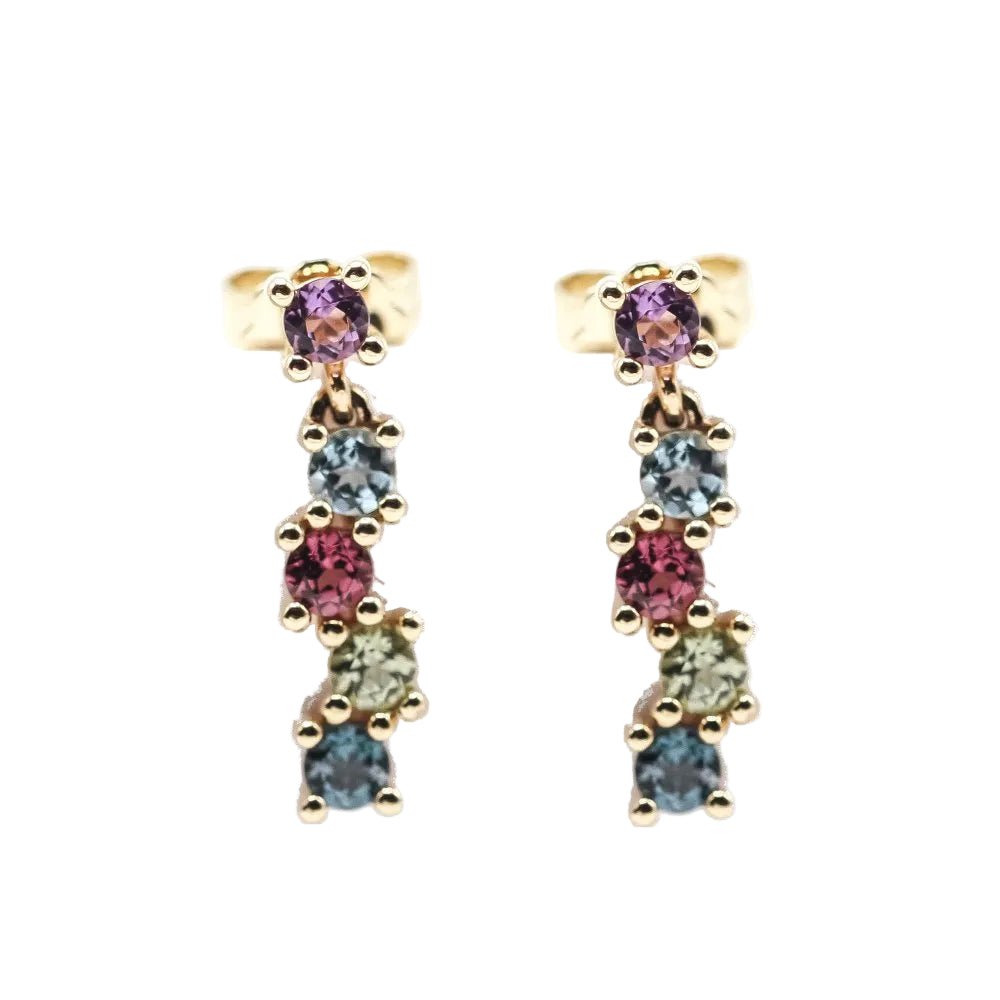 Boucles d'oreilles Pendantes en or jaune, péridots, citrines, améthystes, rhodolites et topazes - Castafiore