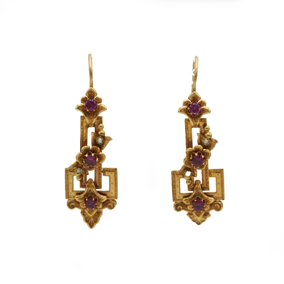 Boucles d'oreilles Pendantes en or jaune, perles et grenats - Castafiore