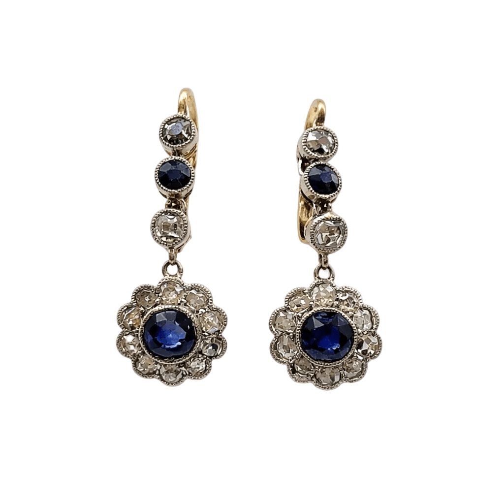 Boucles d'oreilles Pendantes en or jaune, platine, saphirs et diamants - Castafiore