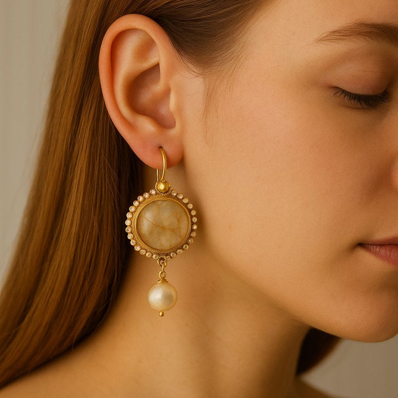 Boucles d'oreilles Pendantes en or jaune, quartz et perles