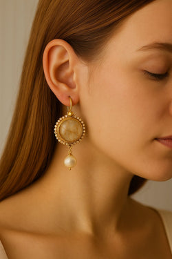 Boucles d'oreilles Pendantes en or jaune, quartz et perles