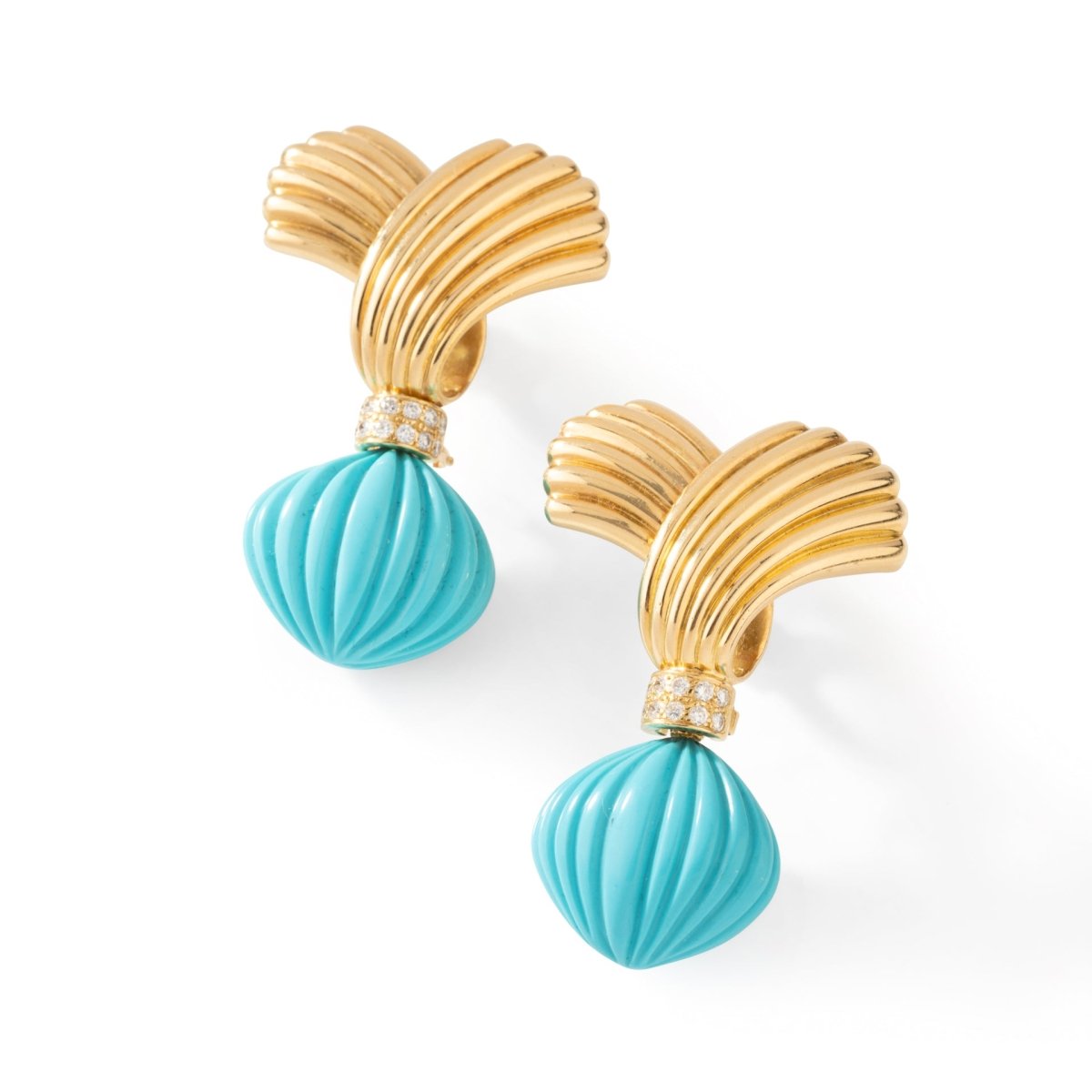 Boucles d'oreilles Pendantes en or jaune, turquoises et diamants - Castafiore