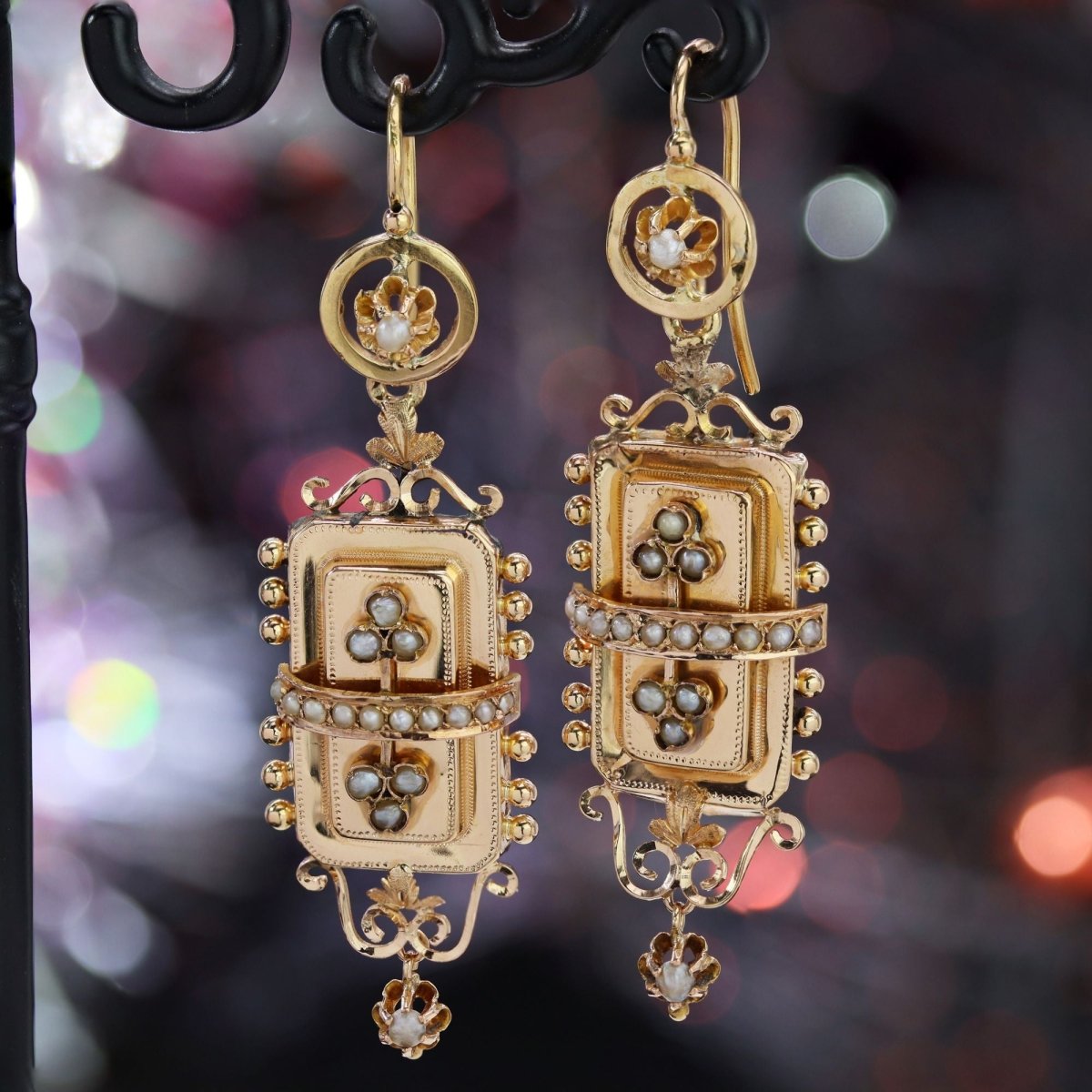 Boucles d'oreilles pendantes en or rose et perles fines - Castafiore