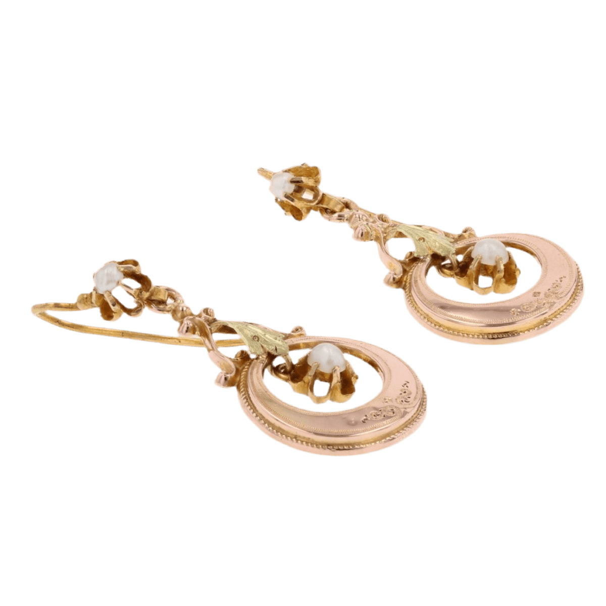 Boucles d'oreilles Pendantes en or rose, or vert et perle - Castafiore