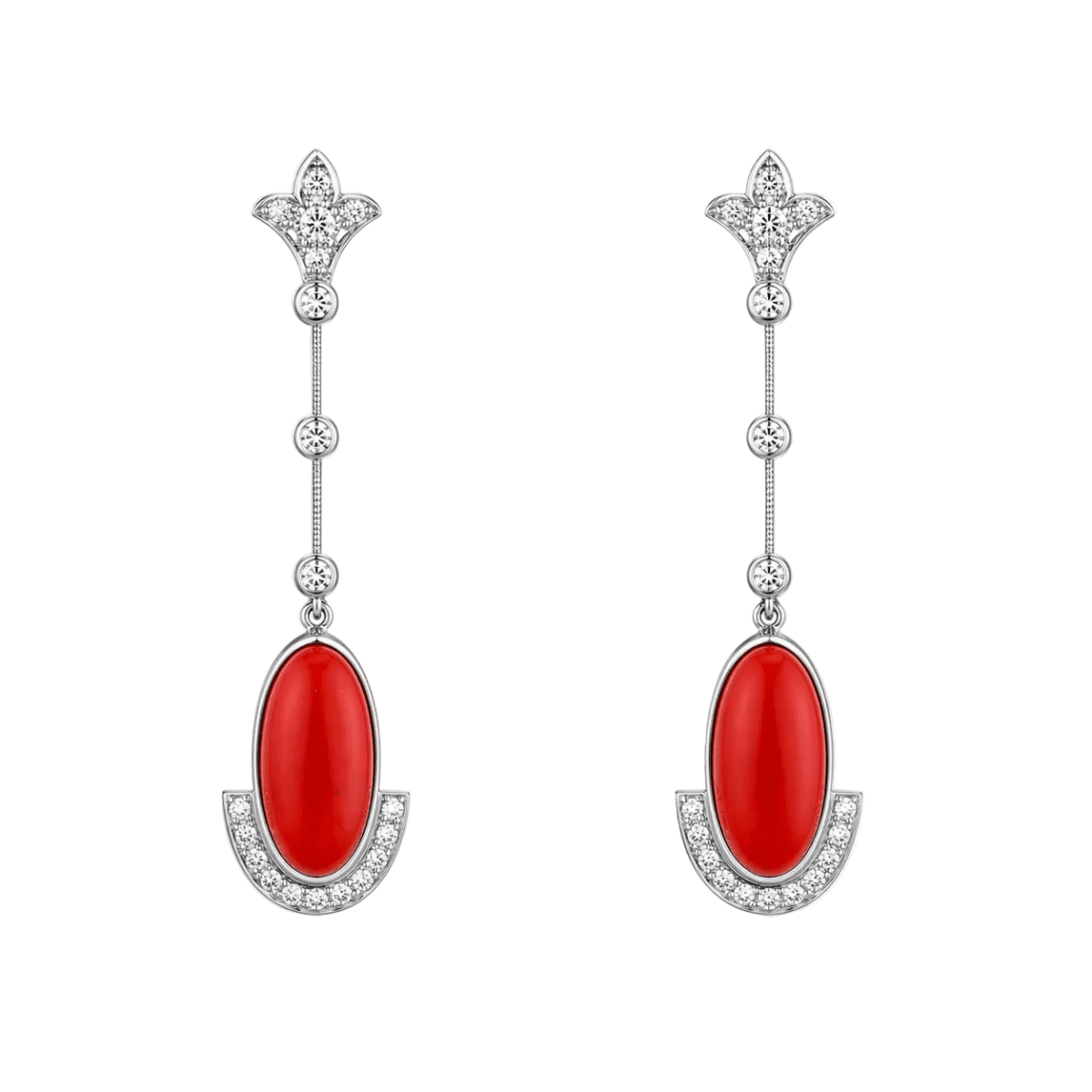 Boucles d'oreilles Pendantes en platine, corail et diamants - Castafiore