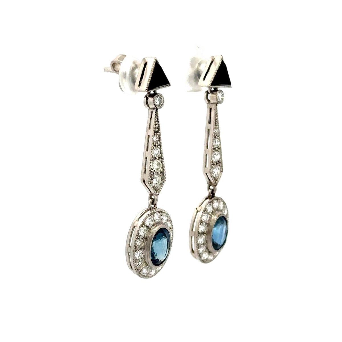 Boucles d'oreilles Pendantes en platine, onyx, saphirs et diamants - Castafiore