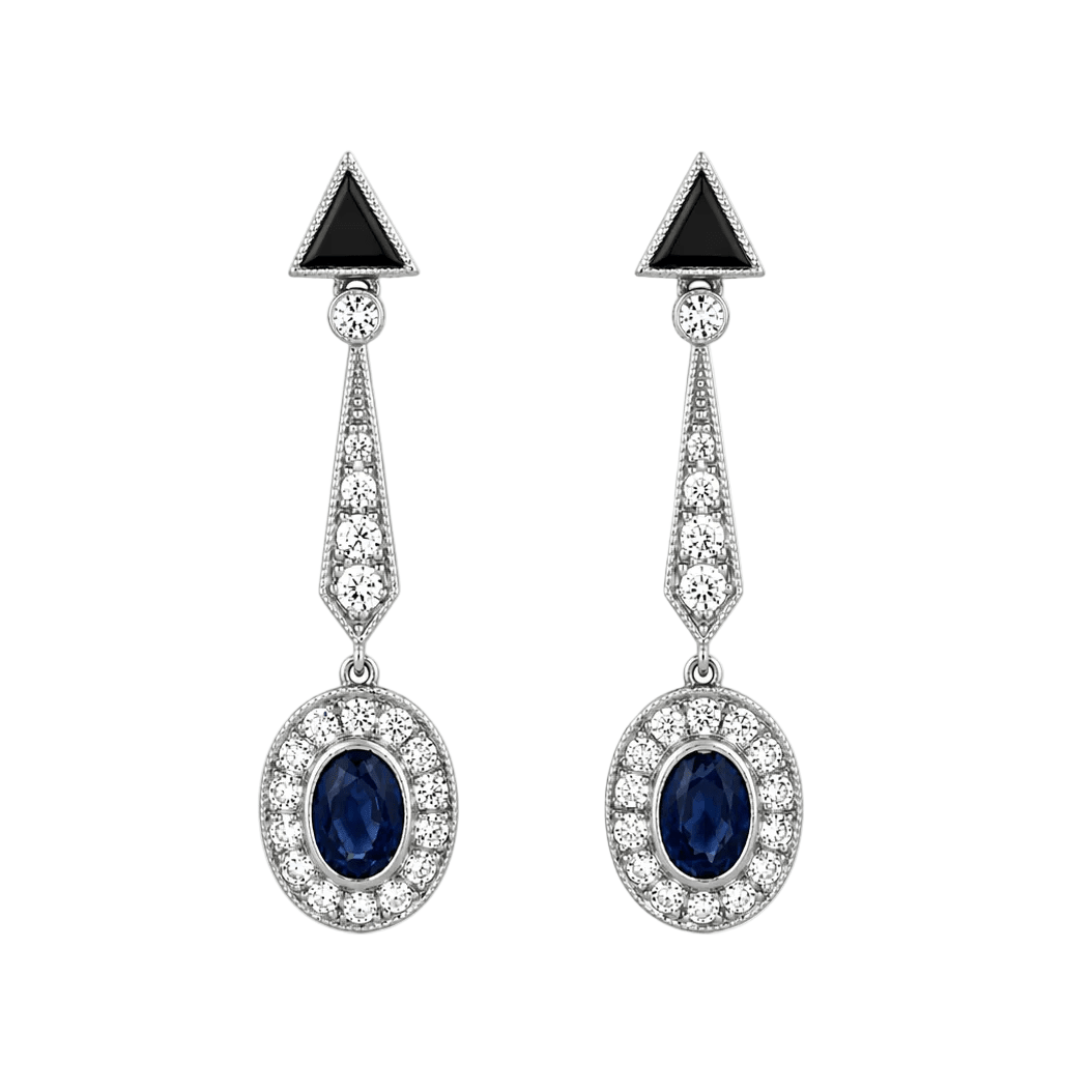 Boucles d'oreilles Pendantes en platine, onyx, saphirs et diamants - Castafiore