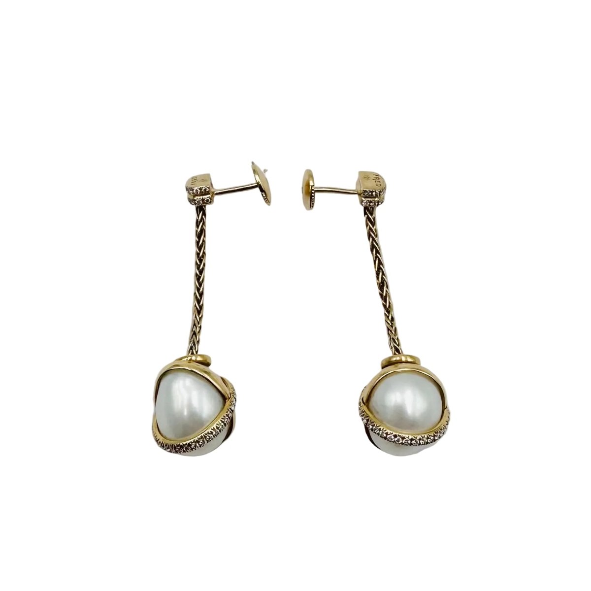 Boucles d'oreilles Pendantes FRED "Baie des Anges" en or jaune, perles et diamants - Castafiore