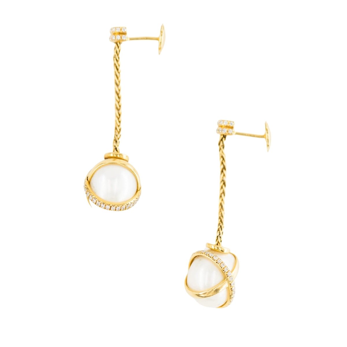 Boucles d'oreilles Pendantes FRED "Baie des Anges" en or jaune, perles et diamants - Castafiore