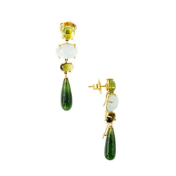 Boucles d'oreilles Pendantes OLE LYNGGAARD "Aqua Lotus" en or jaune aigue-marine, péridots, tourmalines et serpentines - Castafiore