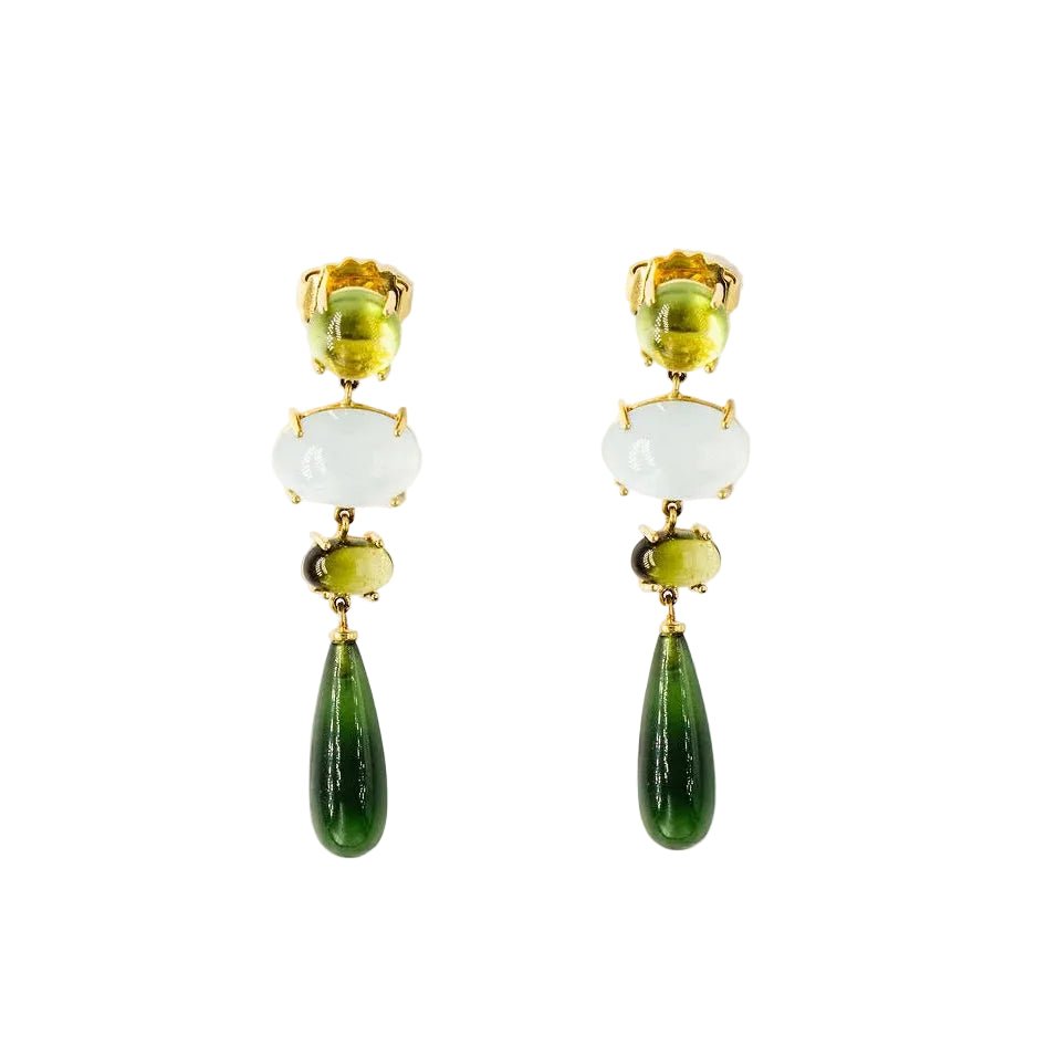 Boucles d'oreilles Pendantes OLE LYNGGAARD "Aqua Lotus" en or jaune aigue-marine, péridots, tourmalines et serpentines - Castafiore