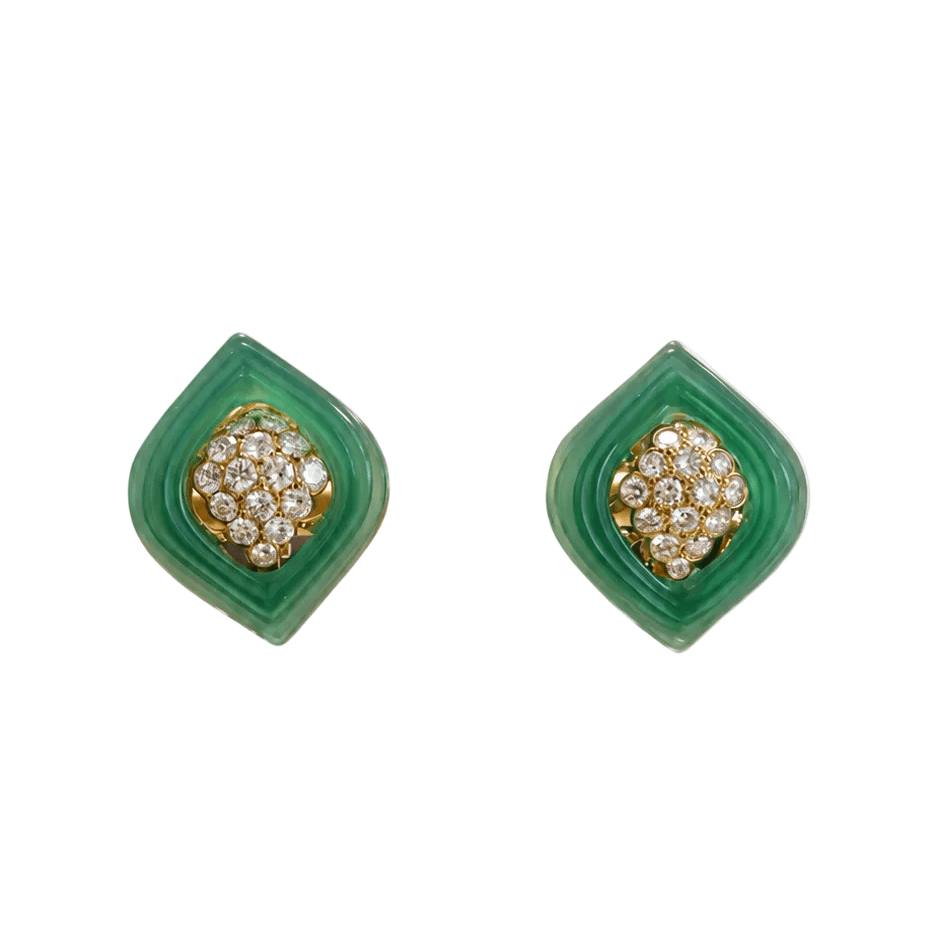 Boucles d'oreilles Pendantes RENE KERN en or jaune, chrysoprases et diamants - Castafiore
