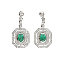 Boucles d'oreilles pendantes style Art déco avec emeraudes et diamants en Or gris 18 Cts. - Castafiore