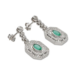 Boucles d'oreilles pendantes style Art déco avec emeraudes et diamants en Or gris 18 Cts. - Castafiore
