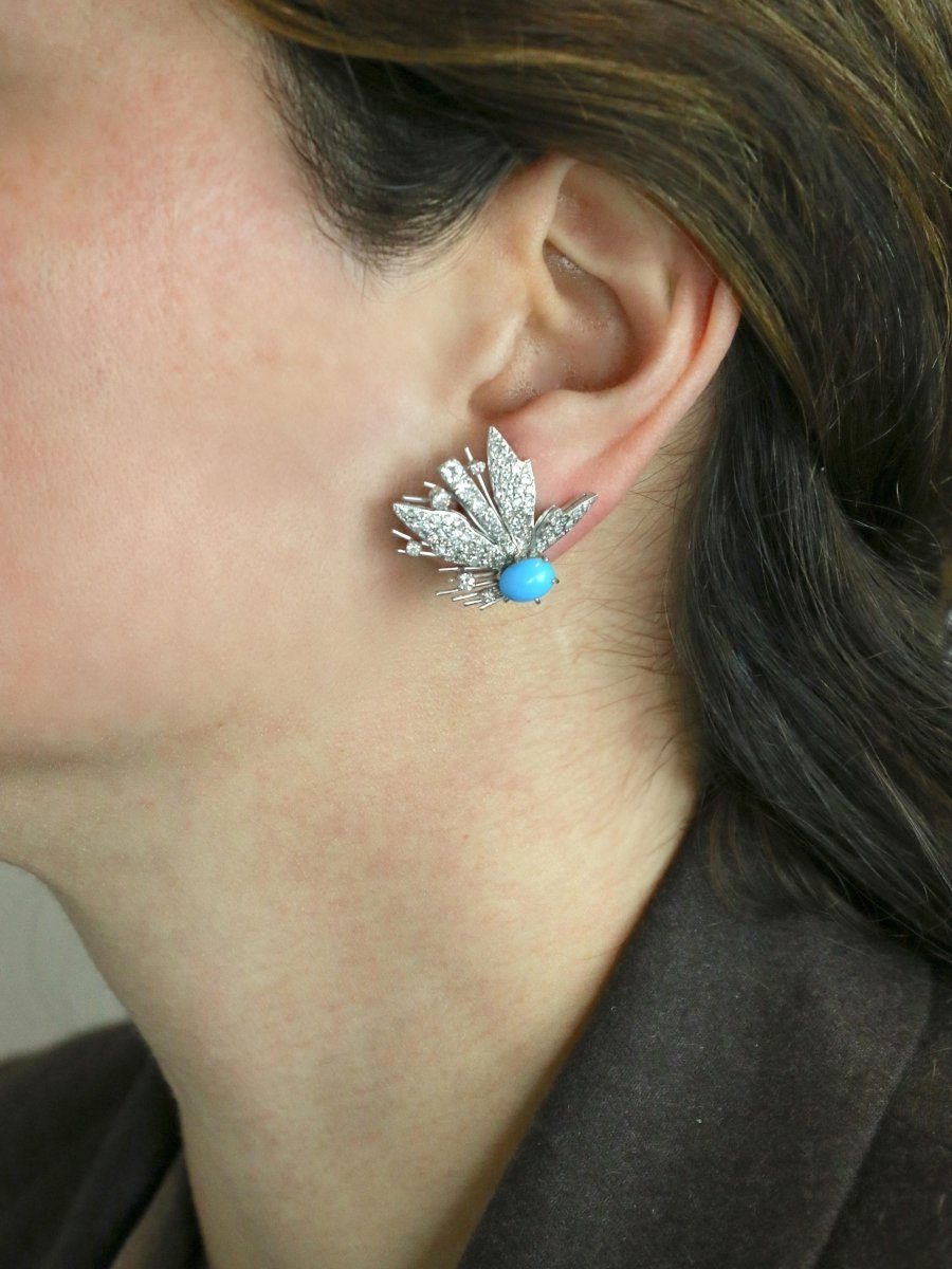 Boucles d'oreilles pendantes turquoises diamants - Castafiore