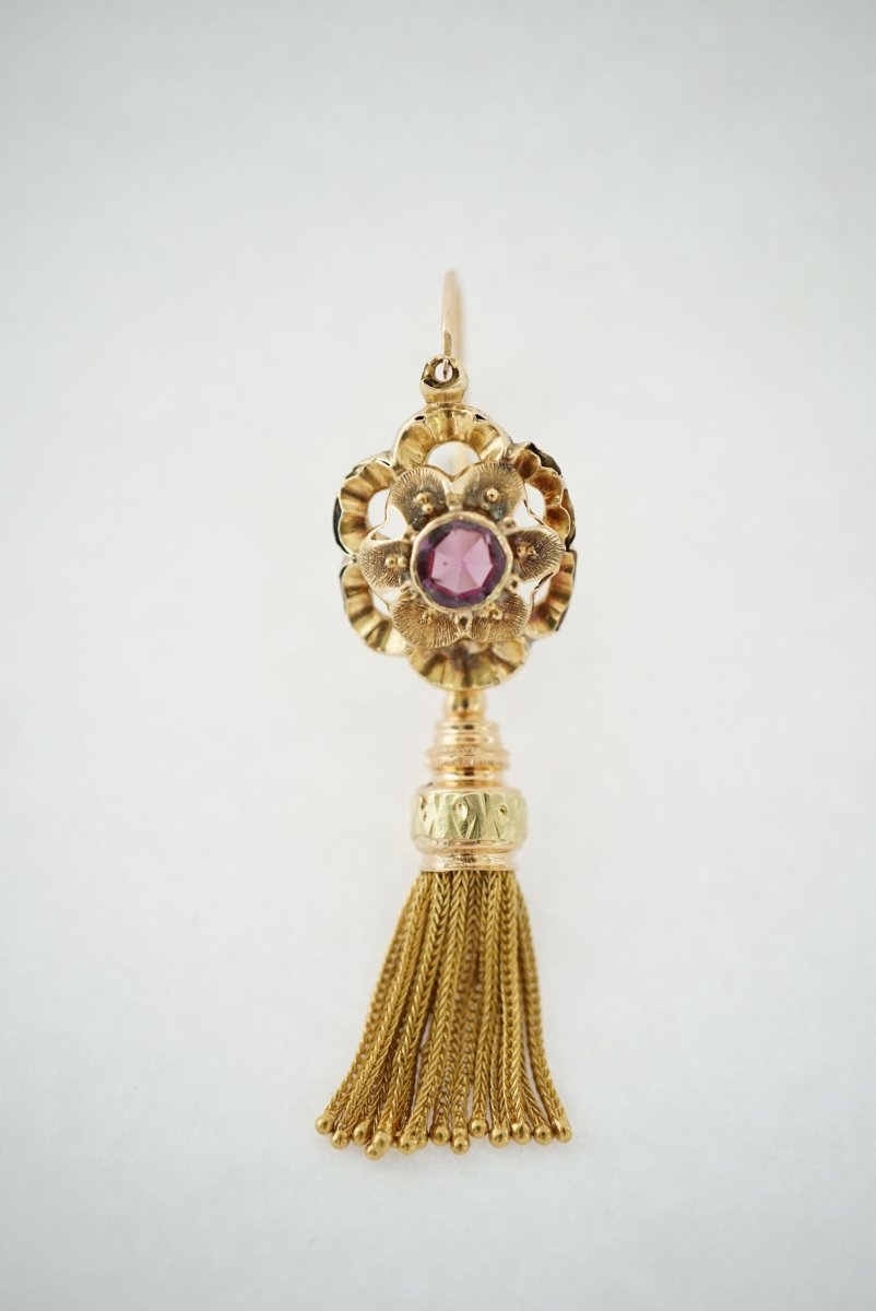 Boucles d'oreilles Pendants or jaune et rose améthyste - Castafiore