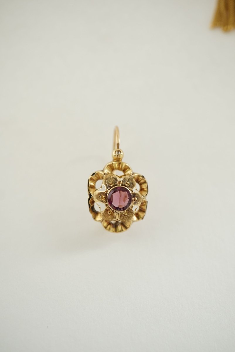 Boucles d'oreilles Pendants or jaune et rose améthyste - Castafiore