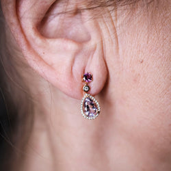 Boucles d'oreilles Pendentifs en or rose, améthystes, rhodolites et diamants - Castafiore