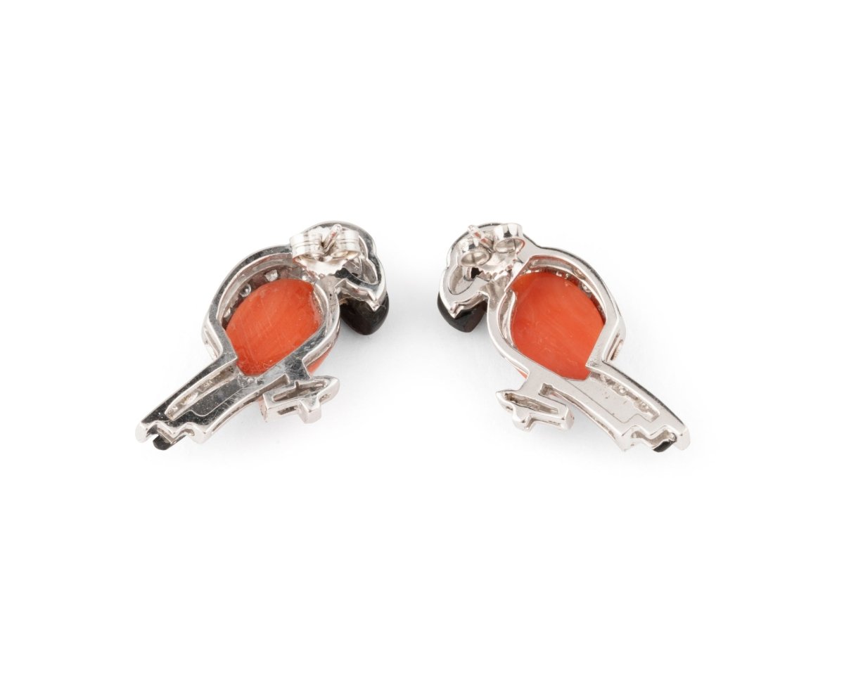 Boucles d'oreilles Perroquet en or blanc, onyx, corail et diamants - Castafiore