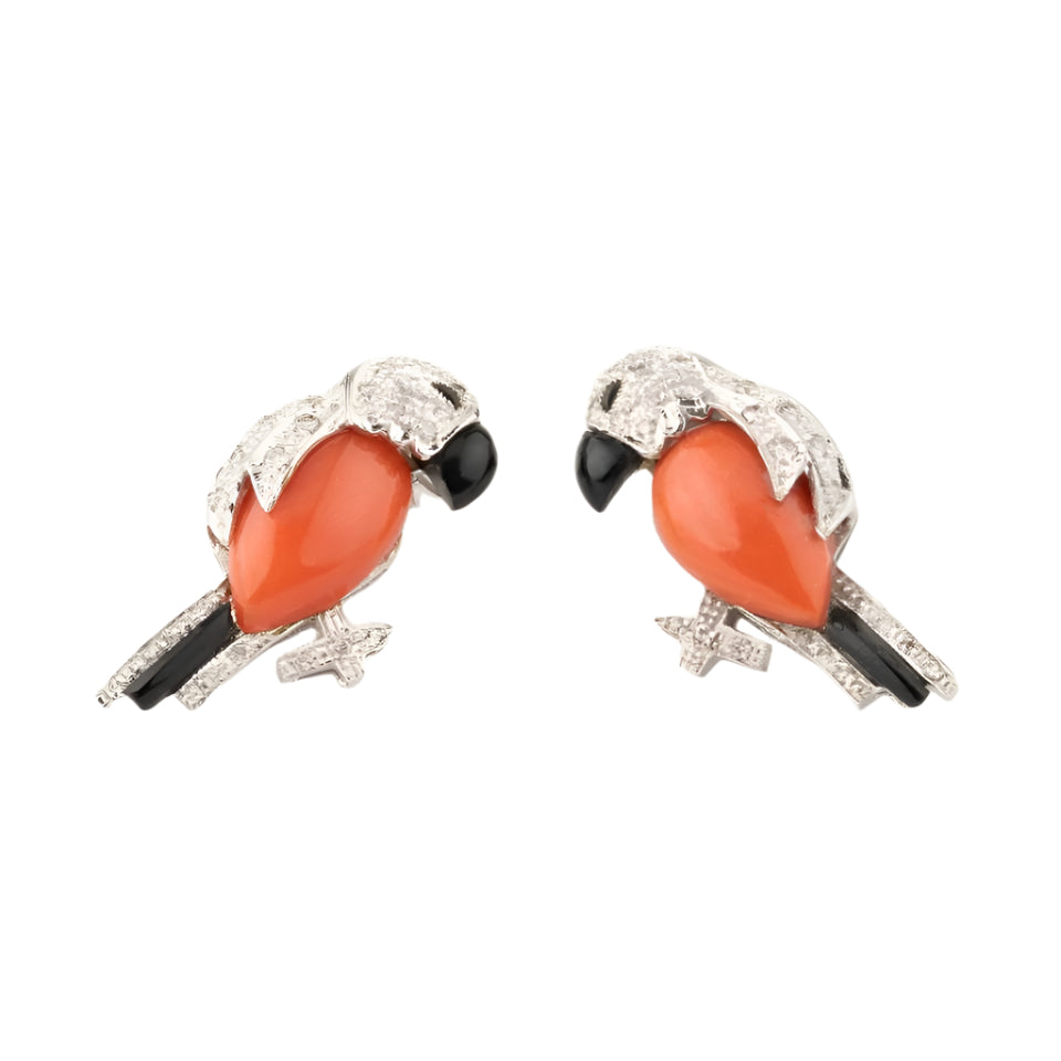 Boucles d'oreilles Perroquet en or blanc, onyx, corail et diamants - Castafiore