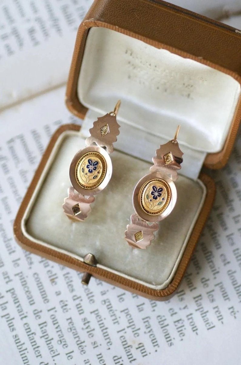 Boucles d'Oreilles Poissardes Anciennes Or et Email - Castafiore
