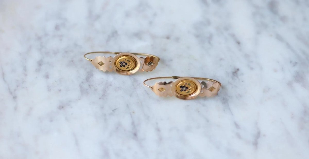 Boucles d'Oreilles Poissardes Anciennes Or et Email - Castafiore