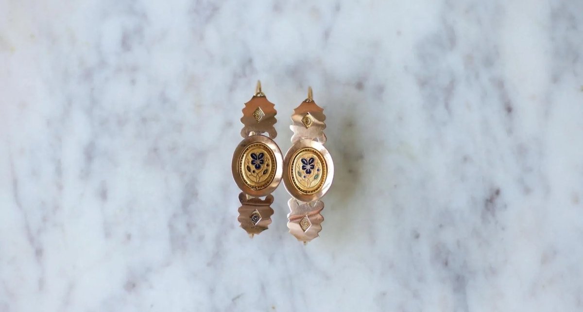 Boucles d'Oreilles Poissardes Anciennes Or et Email - Castafiore