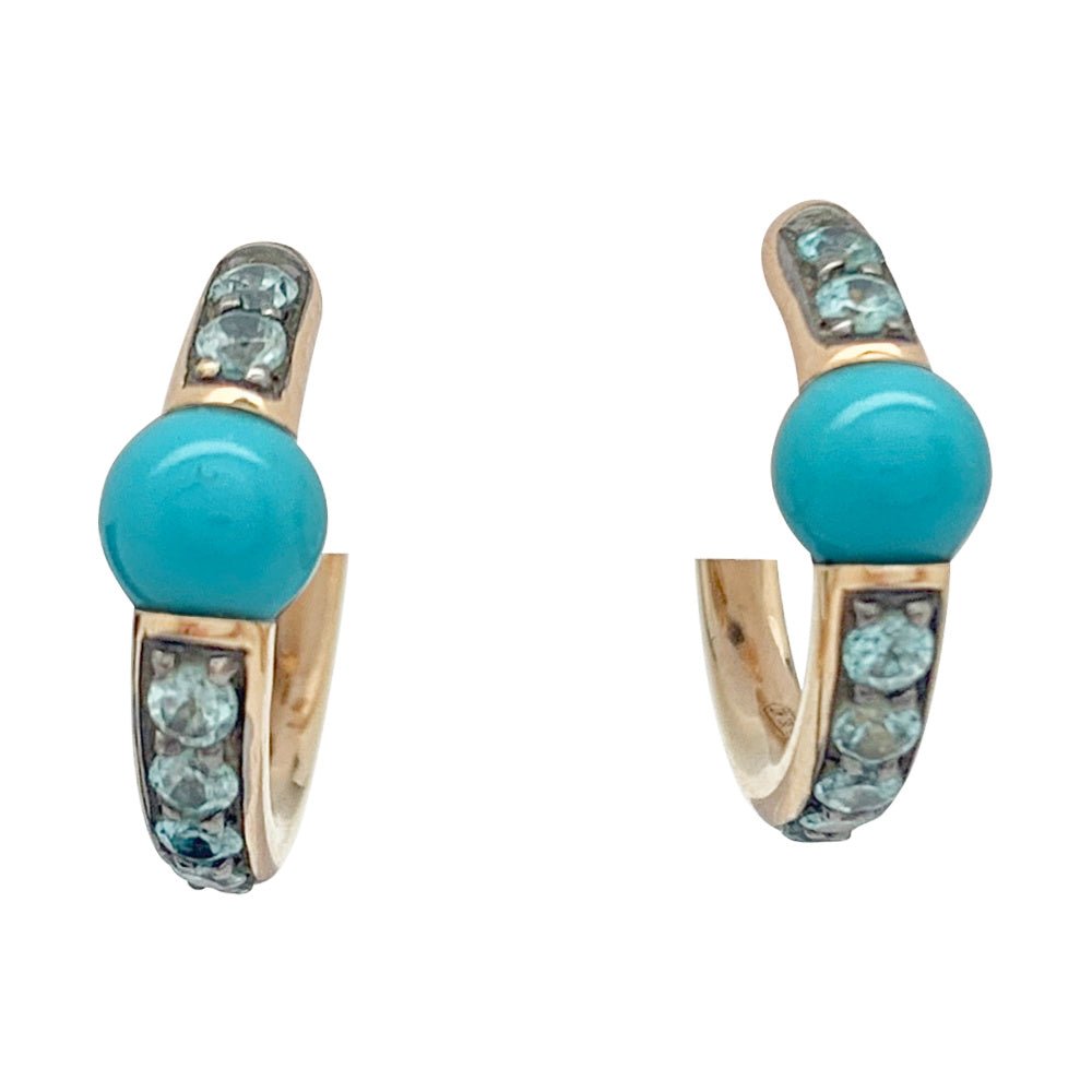 Boucles d'oreilles POMELLATO "M'ama non M'ama" en or rose, zircons et turquoises - Castafiore