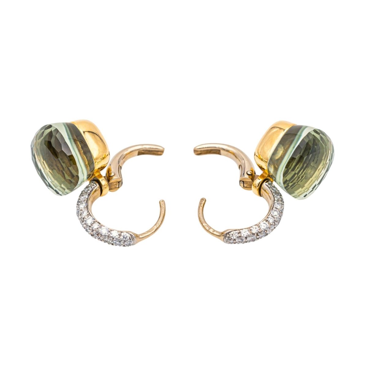 Boucles d'oreilles POMELLATO "Nudo" en or blanc, or rose, prasiolites et diamants - Castafiore