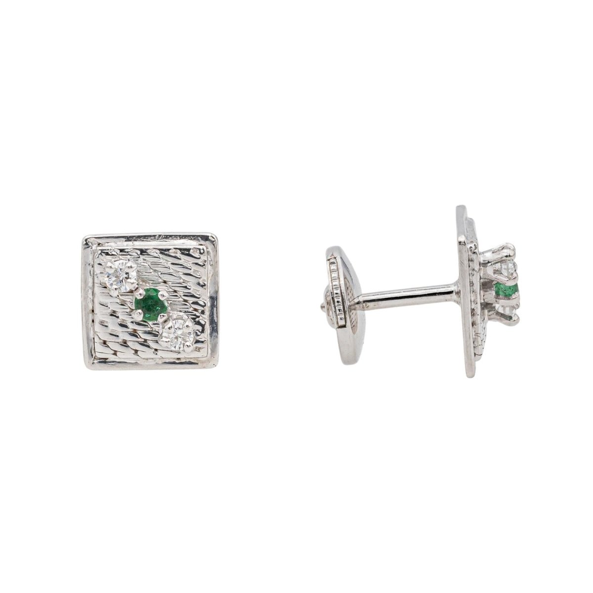Boucles d'oreilles Puces en or blanc, émeraudes et diamants - Castafiore