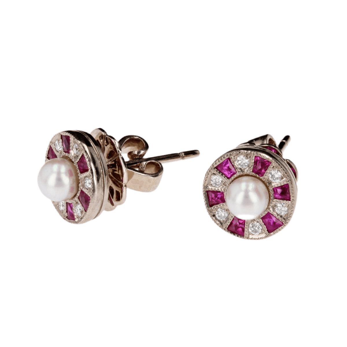 Boucles d'oreilles Puces en or blanc, perles, rubis et diamants - Castafiore