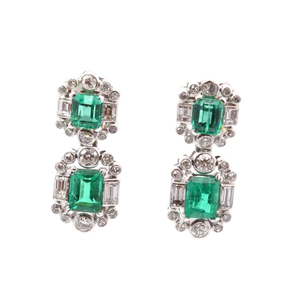 Boucles d'oreilles Puces en or blanc, platine, émeraudes et diamants - Castafiore