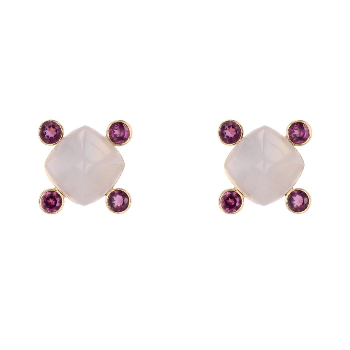 Boucles d'oreilles Puces en or jaune, calcédoines et grenats - Castafiore