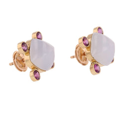 Boucles d'oreilles Puces en or jaune, calcédoines et grenats - Castafiore