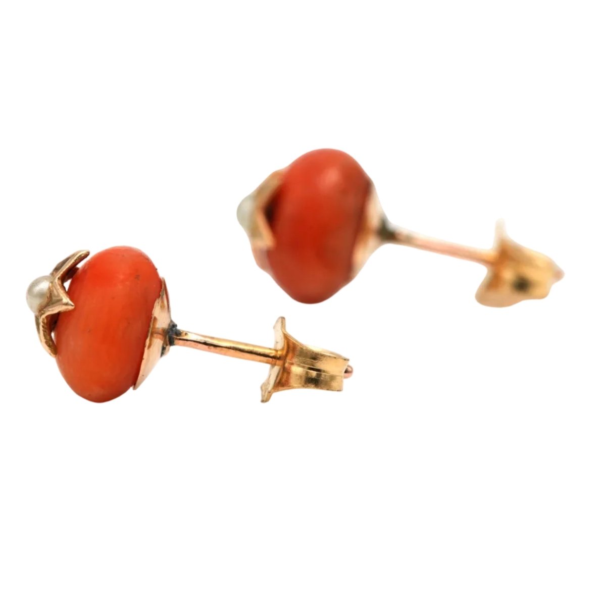 Boucles d'oreilles Puces en or jaune, corail et perles - Castafiore