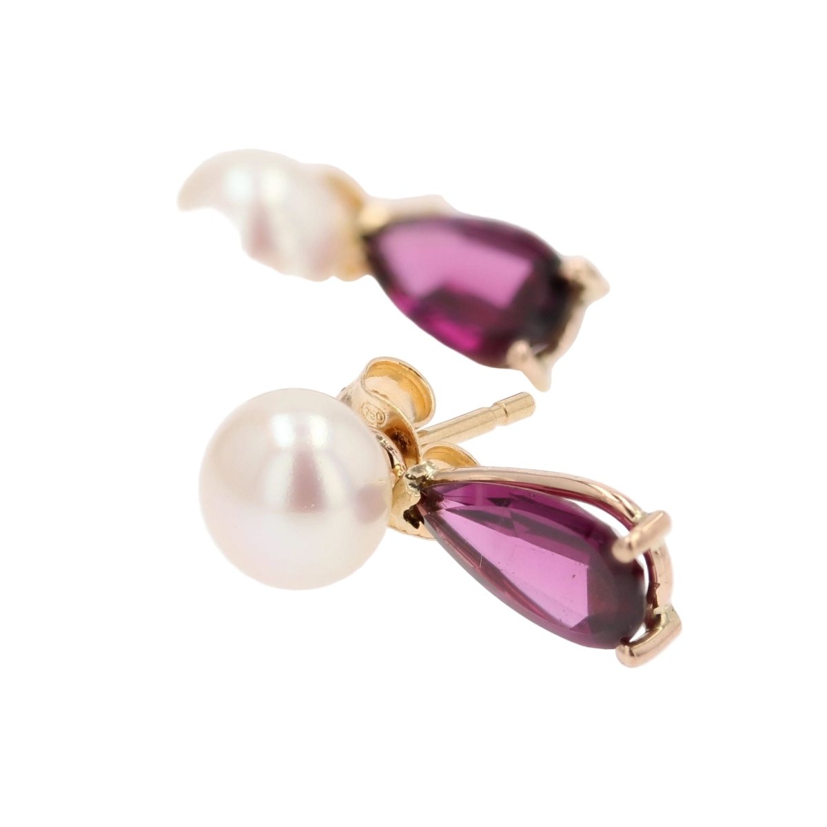 Boucles d'oreilles Puces en or jaune, perles et grenats - Castafiore