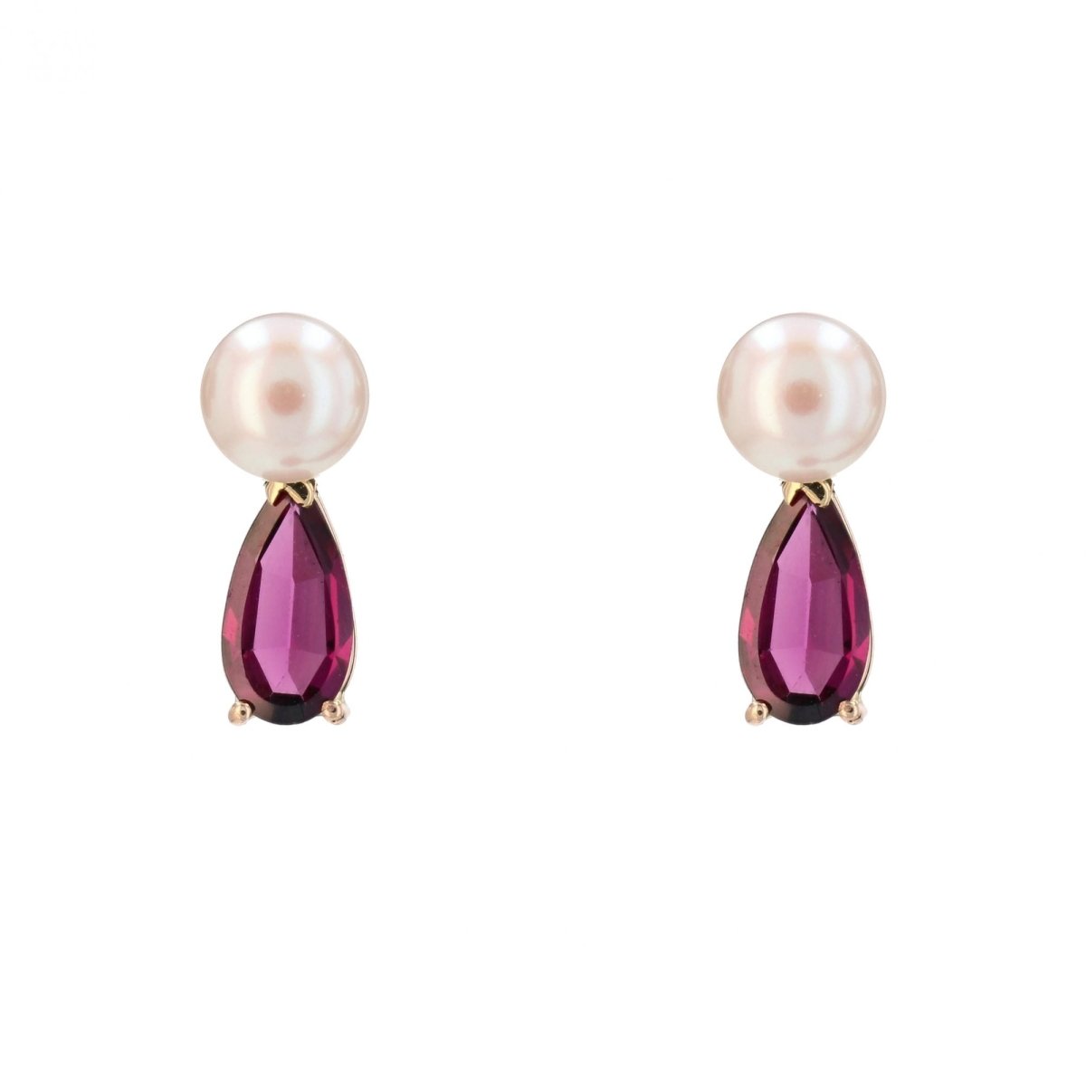 Boucles d'oreilles Puces en or jaune, perles et grenats - Castafiore