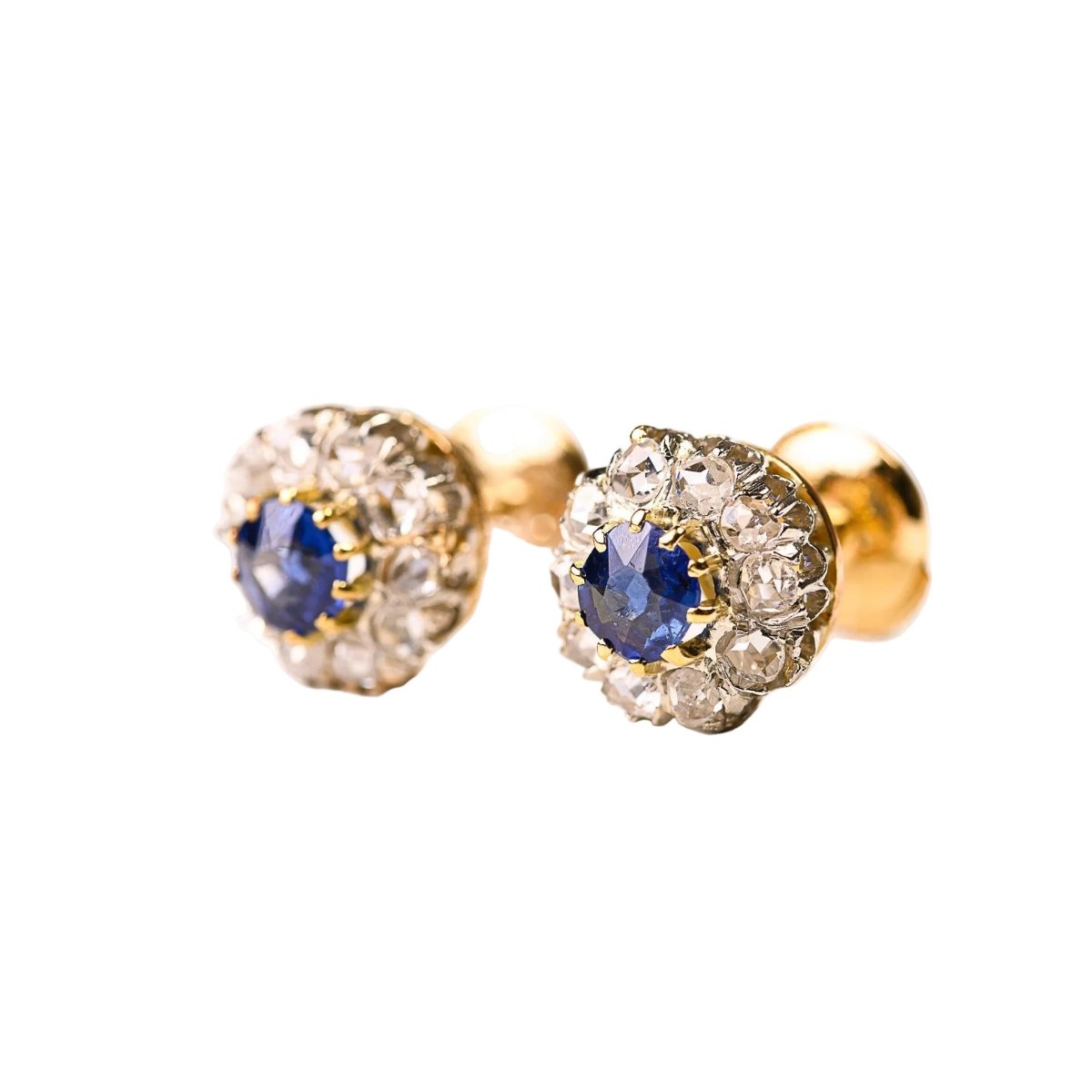 Boucles d'oreilles Puces en or jaune, platine, saphirs et diamants - Castafiore