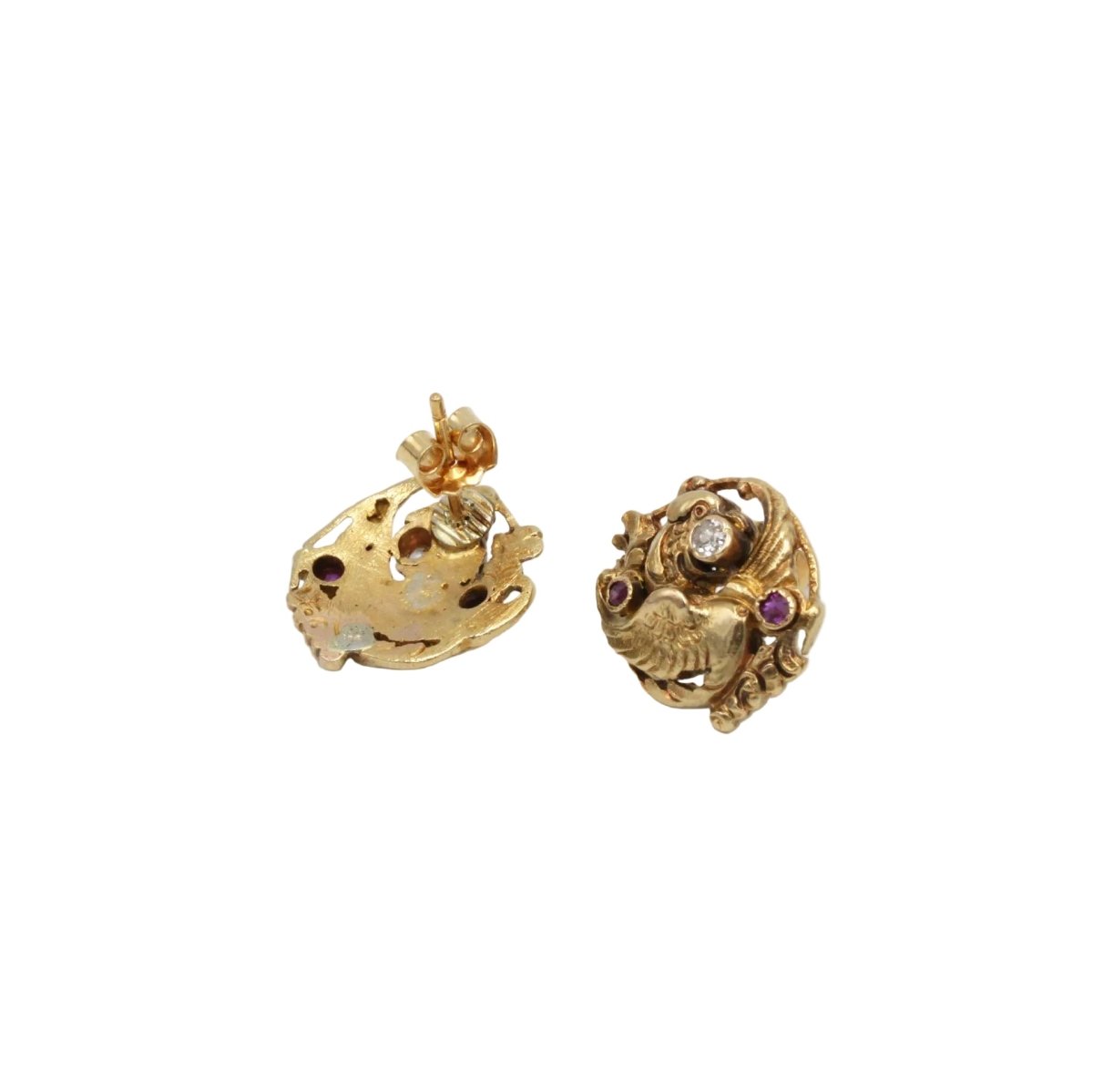 Boucles d'oreilles Puces en or jaune, rubis et diamants - Castafiore