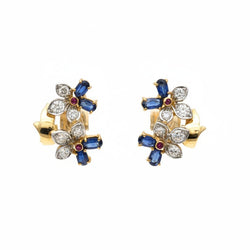 Boucles d'oreilles Puces en or jaune, rubis, saphirs et diamants - Castafiore