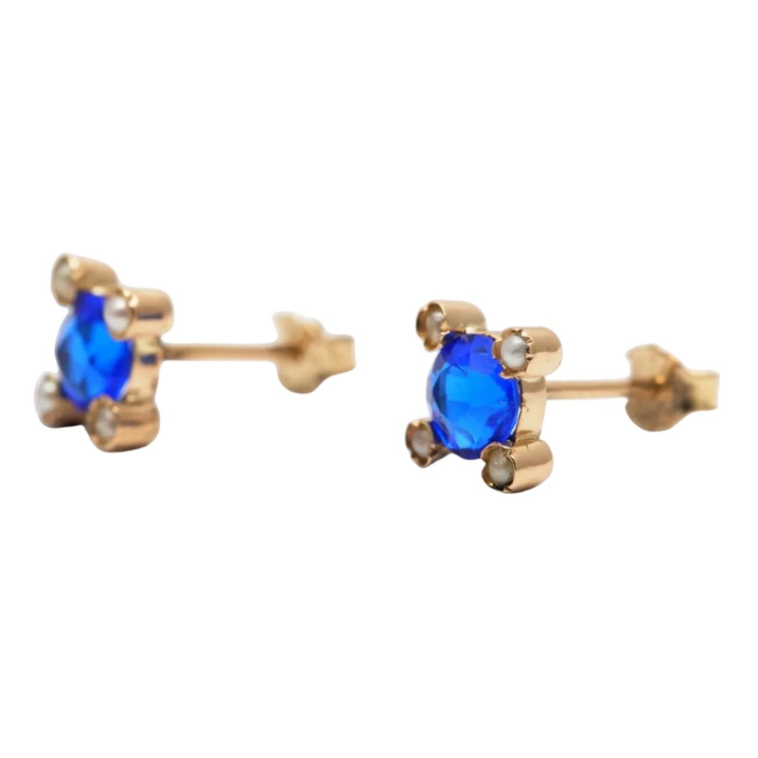 Boucles d'oreilles Puces en or jaune, saphirs et perles - Castafiore