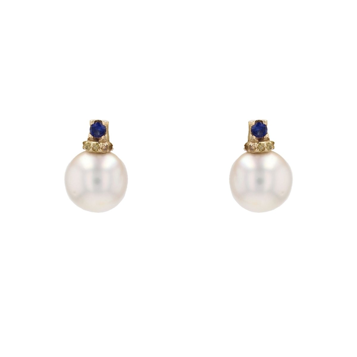 Boucles d'oreilles Puces en or jaune, saphirs, perles et diamants - Castafiore