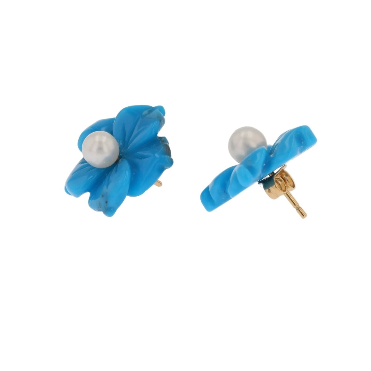 Boucles d'oreilles Puces en or jaune, turquoises et perles - Castafiore